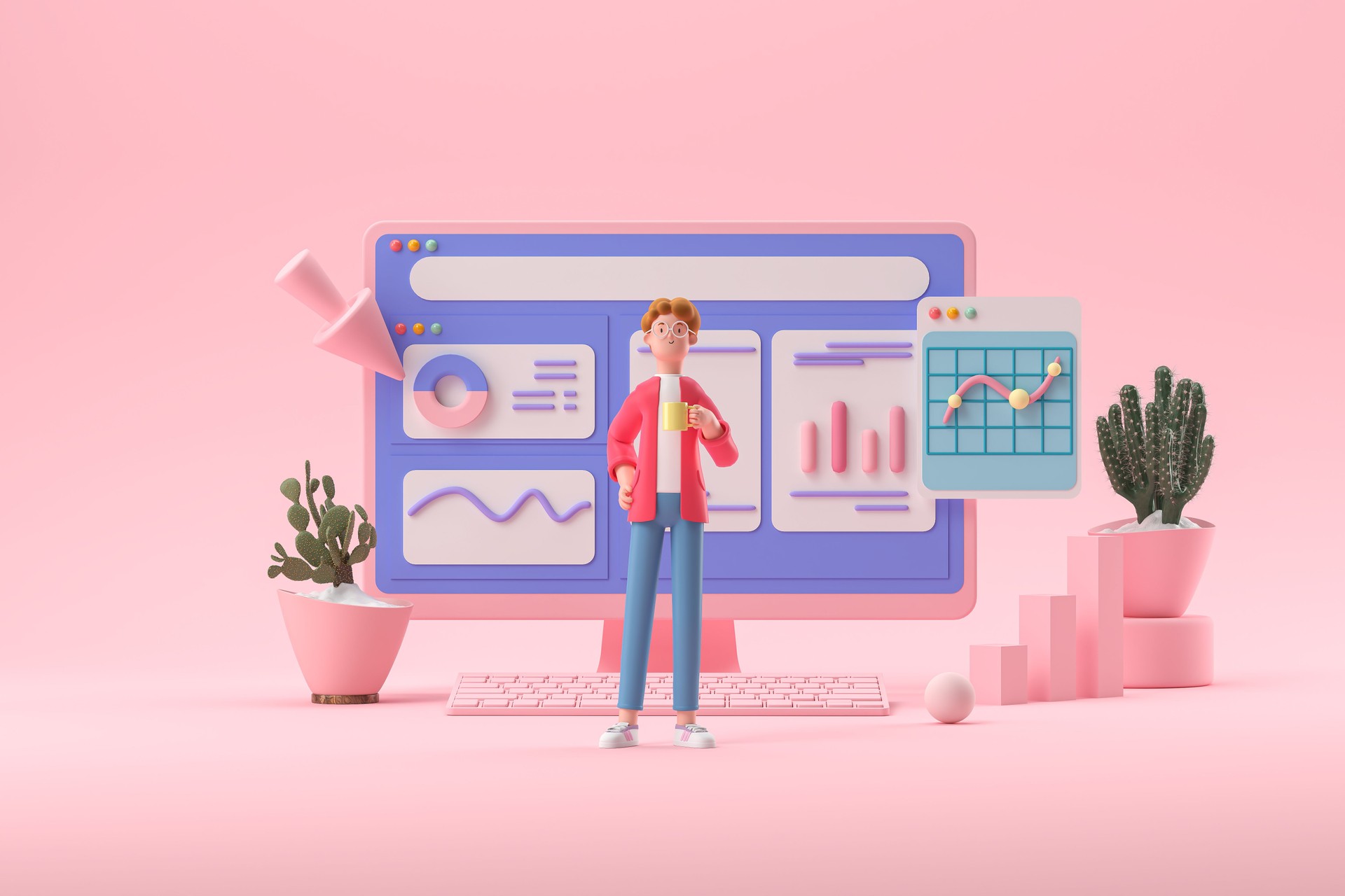 3d Cartoon character and Computer with open pages, Data analytics, dashboard and business finance report, 3d rendering illustration.